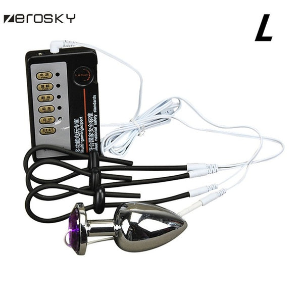 Zerosky Anal Plug Penis Ring Electro Shock Host Cable Dick Enlarge Cock Rings Sex Toys for Men Electro Stimulation Massage